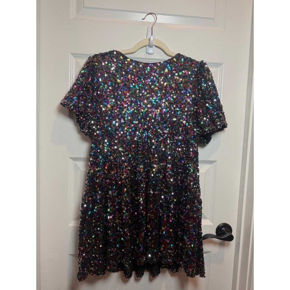 Idem Ditto Womens Multicolor Sequin Mini Dress Short Sleeve Back Tie S/M H13485D